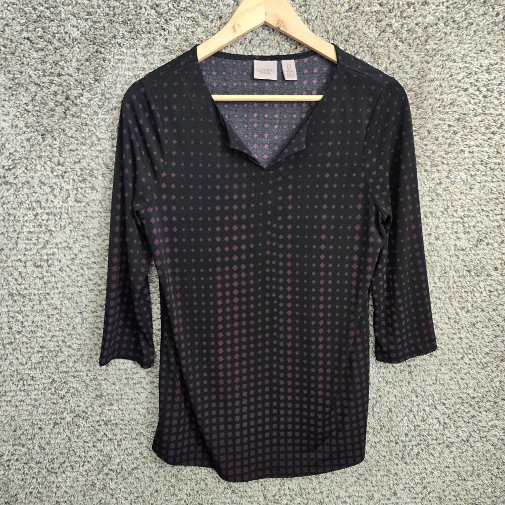 Chicos Easywear Top Womens 0 US‎ Small Purple V Neck Stretch Polka Dot Blouse
